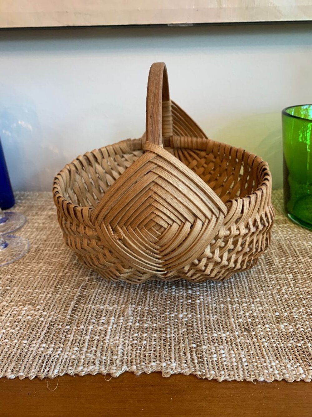 "Butt" Basket God's Eye Solid Wood Hoop Handle Vintage Hand Woven Primitive READ